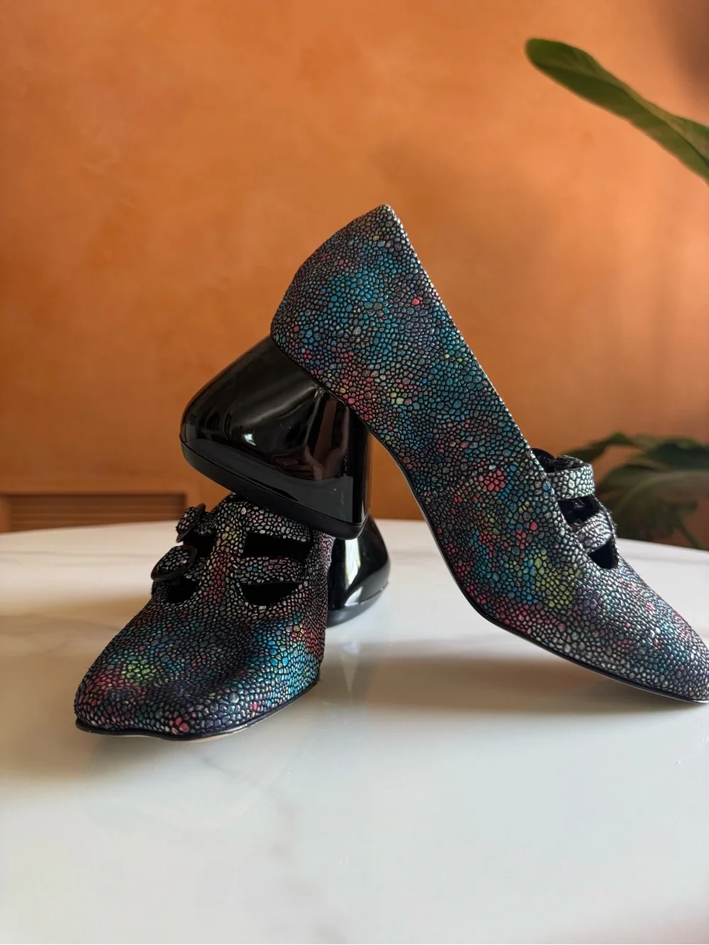 John Fluevog Prowess Hayls Multicolor Leather T-Strap Heels 6.5